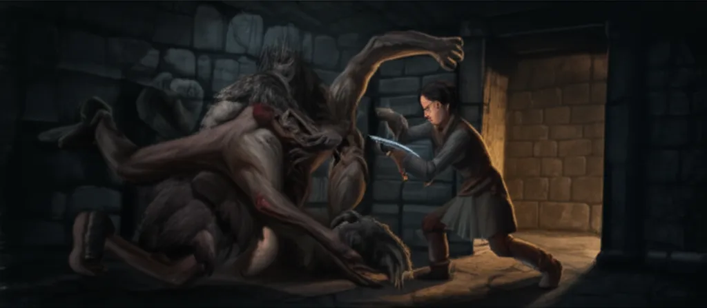 Riyou drives the bone-handle dagger between Slouch Ribs' exposed ribs in the torchlit corridor